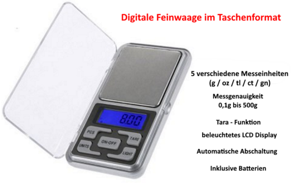 Digitale Feinwaage 0.1g-500g Taschenwaage-Präzisionswaage-Goldwaage Fein Waage