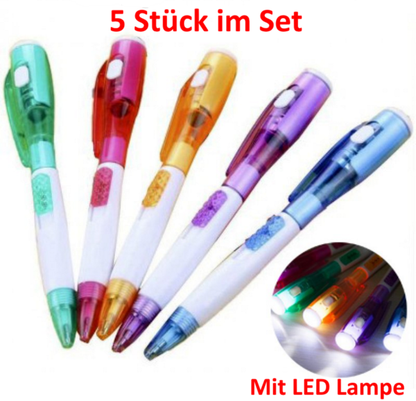 5 Kugelschreiber mit LED Lampe bunt gemischt inkl. Batterie Mine austauschbar