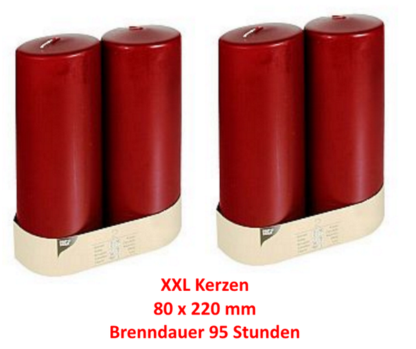 4 Kerzen Stumpen XXL Größe Bordeaux 80 x 220 mm Qualität/Brenndauer 95 Std.