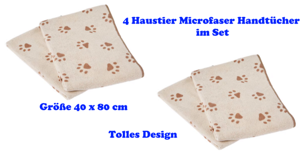 4 Haustier Mikrofaser Handtücher 40 x 80 cm im Set Hund Katze Tatzen Design