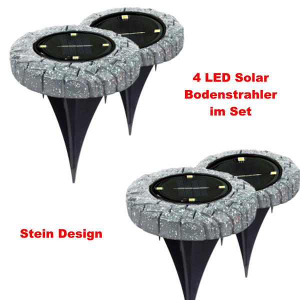 LED Solar Bodenstrahler 4 Stück im Set Stein Design Solarleuchten IP44 Garten