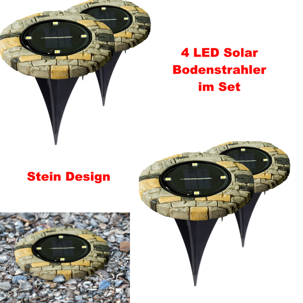 LED Solar Bodenstrahler 4 Stück im Set Stein Design Solarleuchten IP44 Garten Grau/Gelb